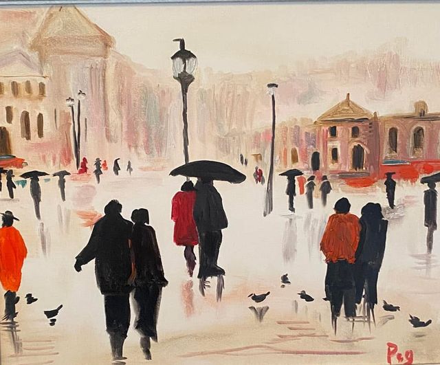 A rainy city square with figures, red coats and pigeons