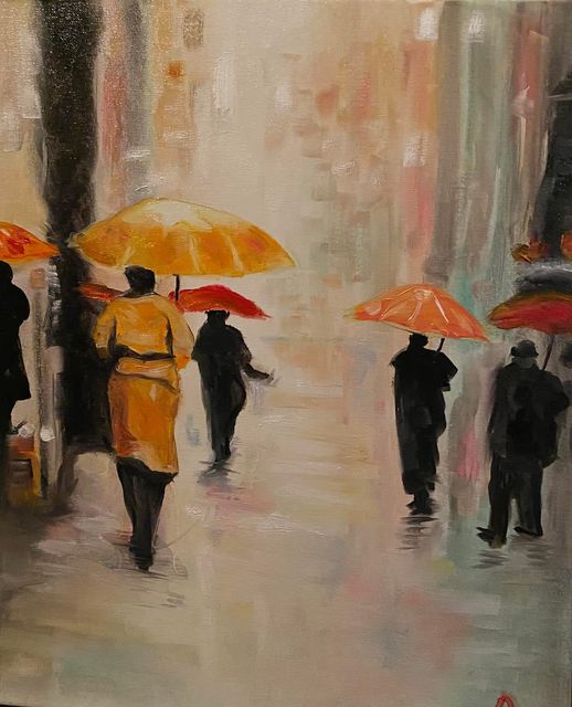 Figures with orange and red umbrellas on a rainy street